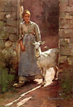 Chica con cabra Theodore Robinson Pinturas al óleo